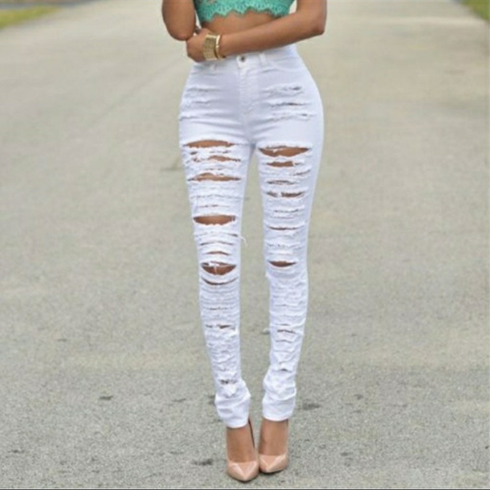 Fashion Women High Waisted Skinny Ripped Pants